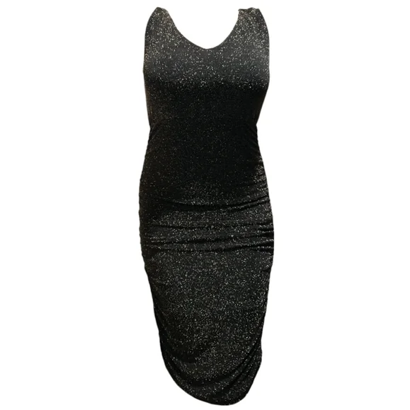 French Connection Black and Gold Glitter Bodycon Ruched Dress Size L